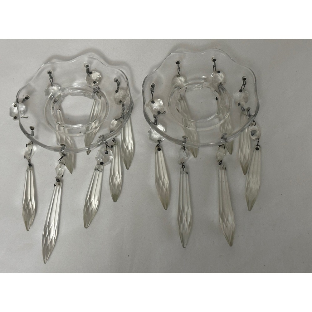 Vintage Glass Bobeches with Hanging Crystal Prisms Scalloped Set of 2 Clear